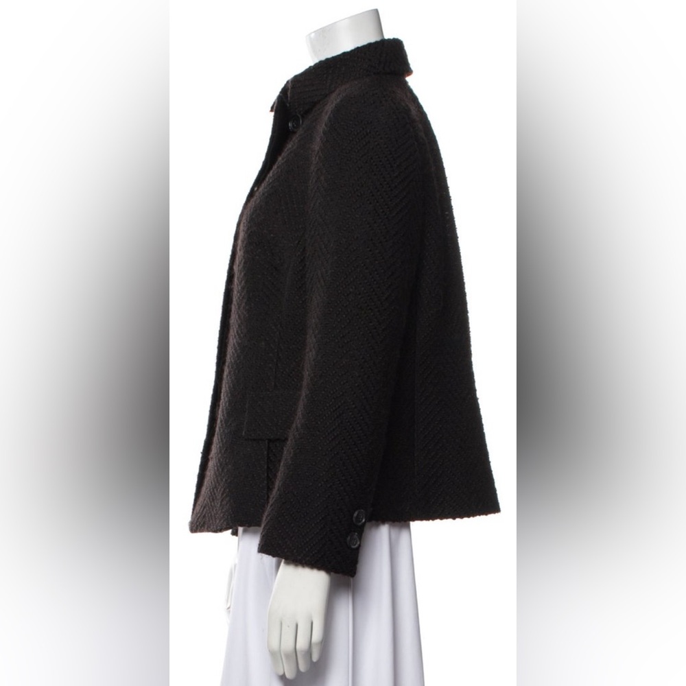 Akris Wool Blend Herringbone Woven Brown Hidden Button Placket Jacket Size US 12 - Picture 5 of 13